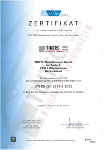 Tintec Zertifikat DIN EN ISO 3834-2